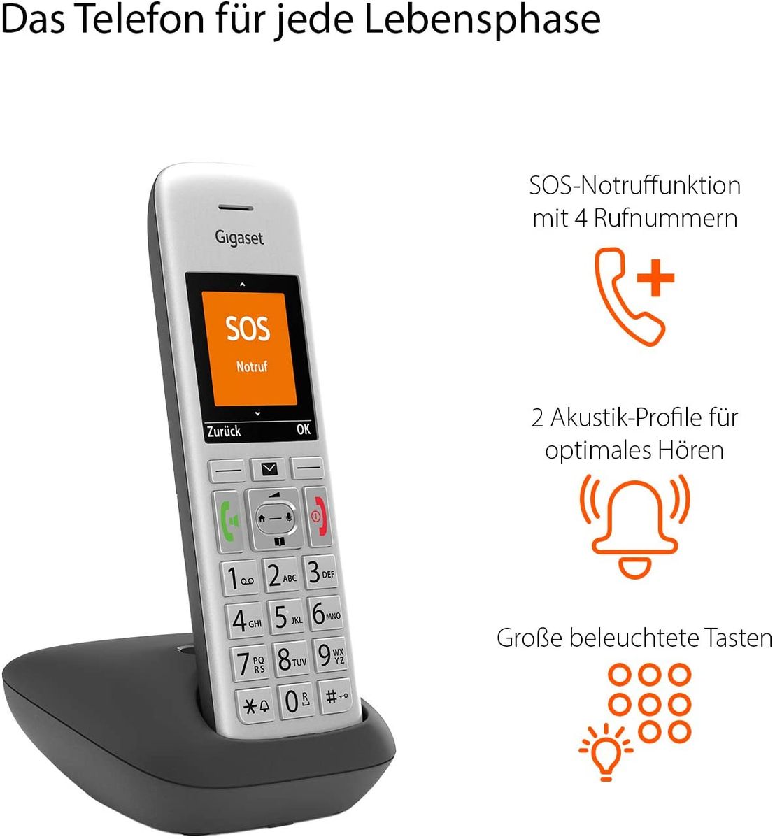 Gigaset E390 Cordless senior phone large color display SOS emergency call function 4 numbers 2 acoustic profiles large backlit buttons/black