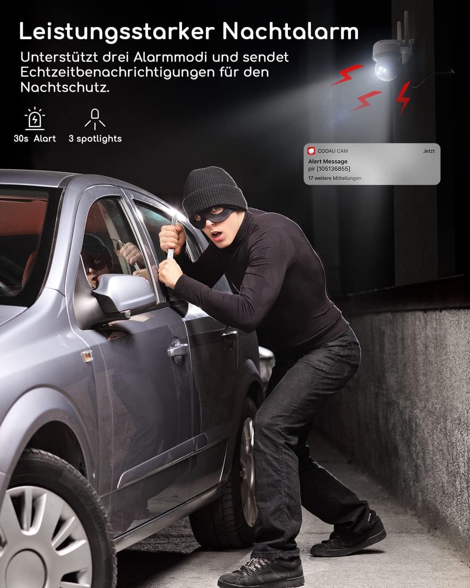 COOAU 2K Überwachungskamera Aussen,PTZ WLAN Kamera Outdoor IP WiFi Kamera Überwachung Außen mit Automatische Menschliche Verfolgung,24/7 Aufnahme,Nachtsicht in Farbe,IP66, SD-Karte/Cloud-Speicher 1 Stück