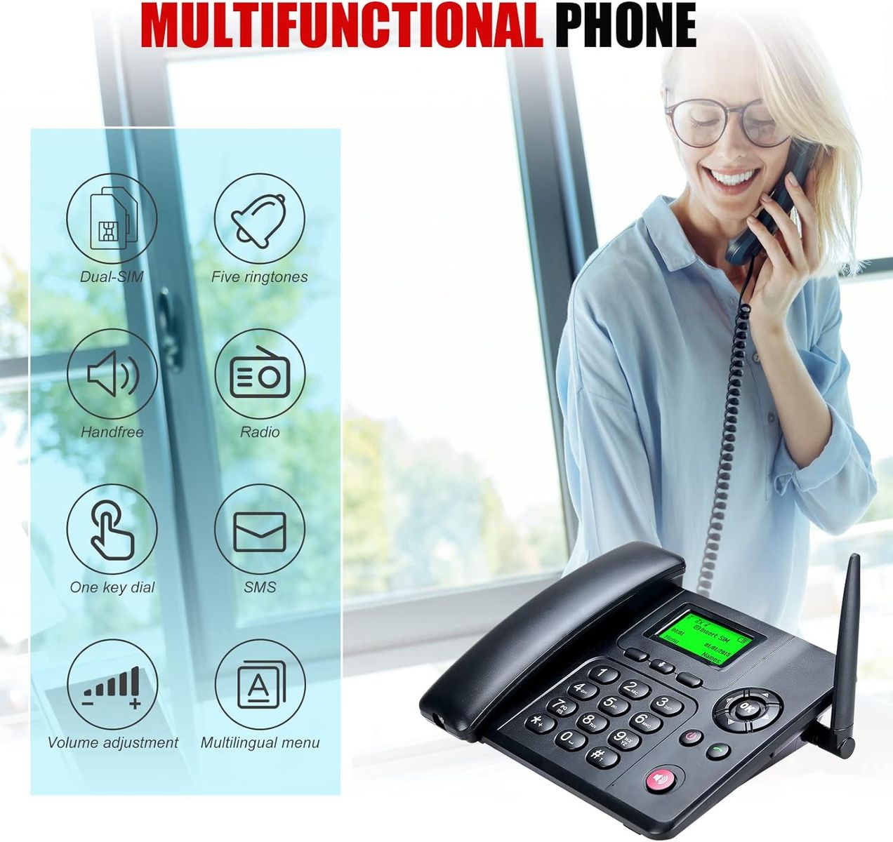 Lychee Quadband GSM Tischtelefon - Dual-SIM, Unterstützung für mehrere Sprachen(Einschließlich Deutsch),Großes Display mit Hintergrundbeleuchtung, Radiofunktion Schwarz 03