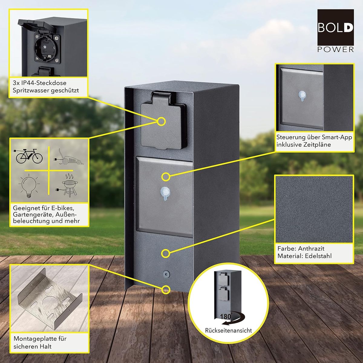 BOLD Orio smarte Aussen-Steckdose-Garten (Steckdosen-Säule) 3-Fach Stecker Anthrazit (Smart Home | WLAN | iOS & Android | IP44 Outdoor Energie-Säule | 3680 Watt | 23x12x8,5cm | Einfache Montage) SMART HOME Anthrazit