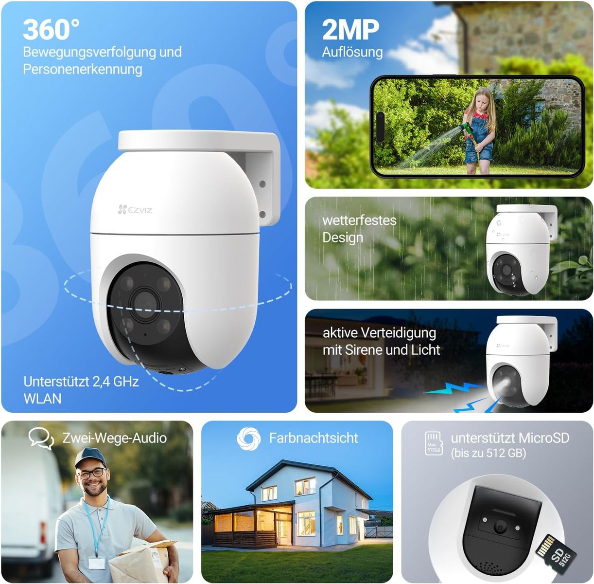 EZVIZ C8c 1080P Außen PTZ WLAN Überwachungskamera, 360° Pan/Tilt, Nachtsicht 20 m, Personenerkennung, Zwei-Wege-Audio, Aktive Verteidigung, EU