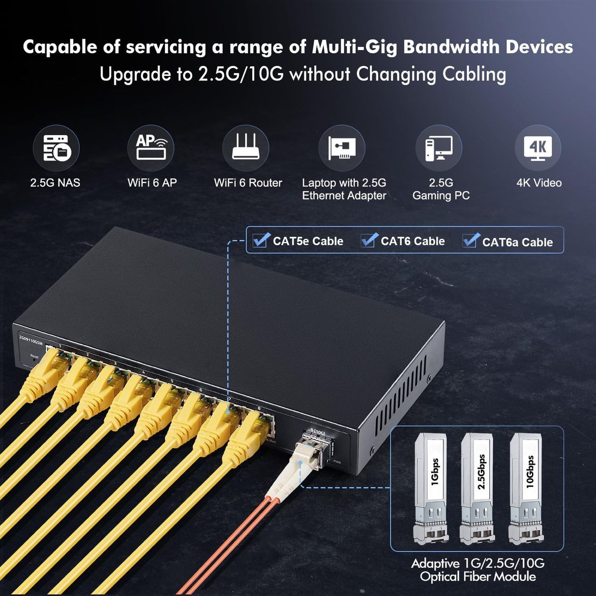 YuLinca 2G09110GSM 8x2,5G +1x10G SFP+ Managed Switch, LACP/QoS/VLAN, lüfterloses Metallgehäuse, Web-GUI, EU