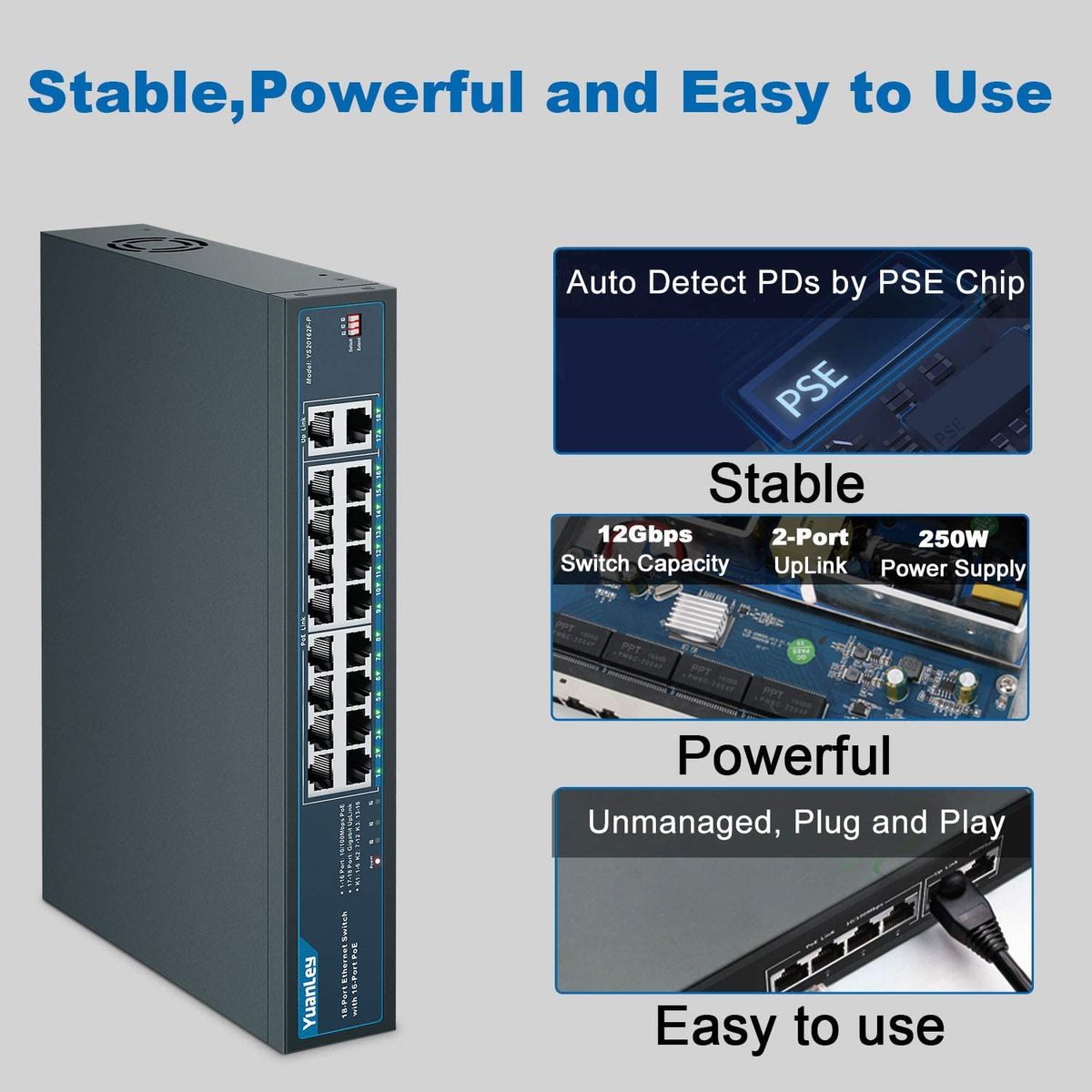 YuanLey 18 Port PoE Switch, 16 PoE+ Port 100Mbps, 2 Uplink Gigabit, 250W Integrated Power Supply, 802.3af/at, Unmanaged Rack Mount Plug and Play