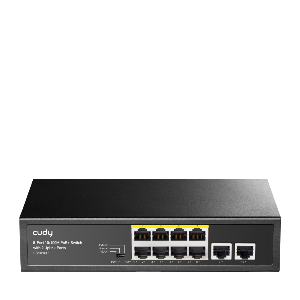 Cudy FS1010P 8-Port PoE Netzwerk-Switch Fast Ethernet 10/100, 8x PoE (2x PoE+), 120W Gesamtleistung, Metallgehäuse, Schwarz
