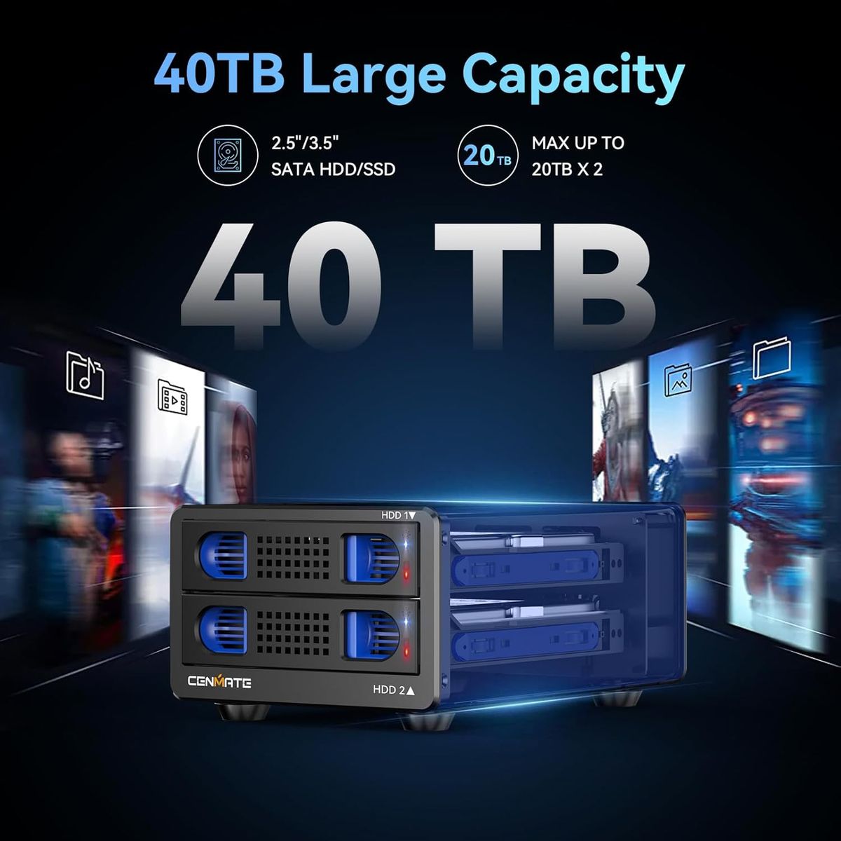 Cenmate 2 Bay Aluminium Festplattengehäuse für 2,5/3,5 Zoll SATA HDD/SSD, USB A/C 3.0, werkzeuglos, Lüfter, Hot-Swap, Daisy Chain, DAS (kein RAID/NAS)