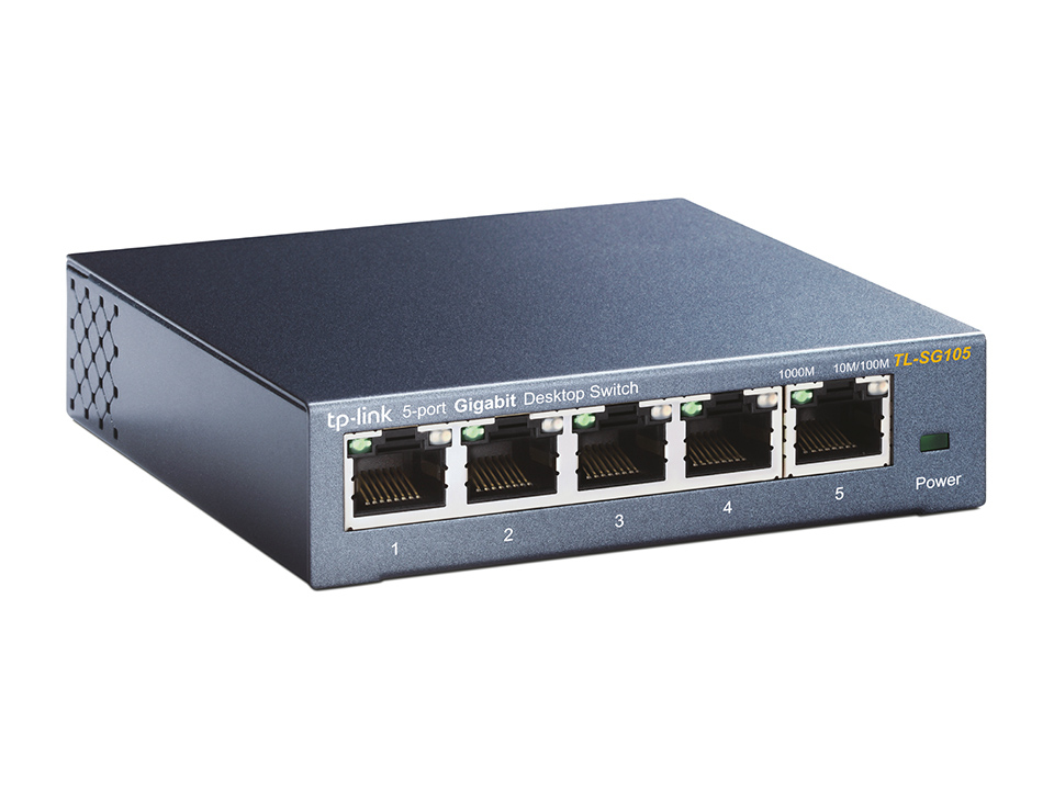 TP-Link TL-SG105(UN) V3.0 5-Port Gigabit Desktop Switch, Unmanaged, DC-Netzteil, Energieeffizient, 10/100/1000 Mbit/s, Schwarz