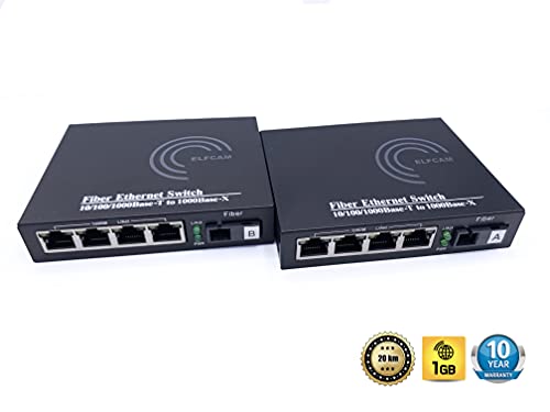 Elfcam 4 RJ45 Ports Gigabit Ethernet LWL-Medienkonverter Glasfaser 10/100/1000 Mbps inkl. Mini-GBIC (SFP)