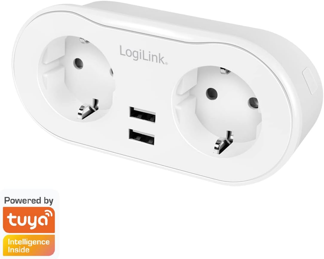 LogiLink SH0102 WLAN Smart Home Steckdosenleiste 2-fach (2x CEE 7/7) + 2x USB-A, App-steuerbar, Tuya-kompatibel, Alexa & Google Home, IP20