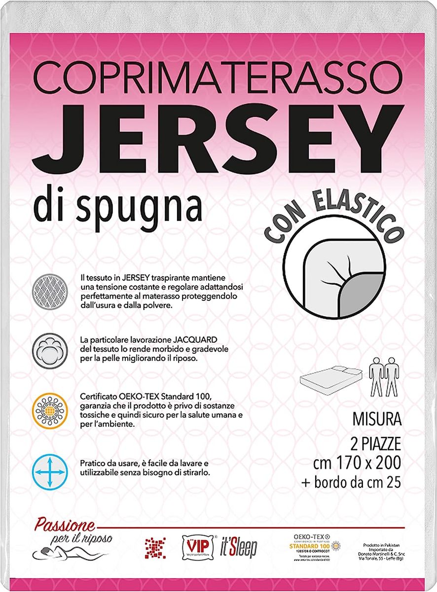 V.I.P. VERY IMPORTANT PILLOW Matratzenschoner aus Jersey, elastisch, atmungsaktiv, elastisch, für Doppelbett 170 x 200 cm, 25 cm 170 x 200 Matrimoniale