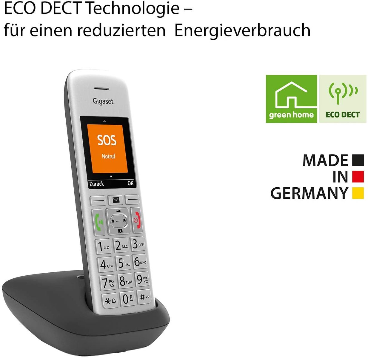 Gigaset E390 Cordless senior phone large color display SOS emergency call function 4 numbers 2 acoustic profiles large backlit buttons/black