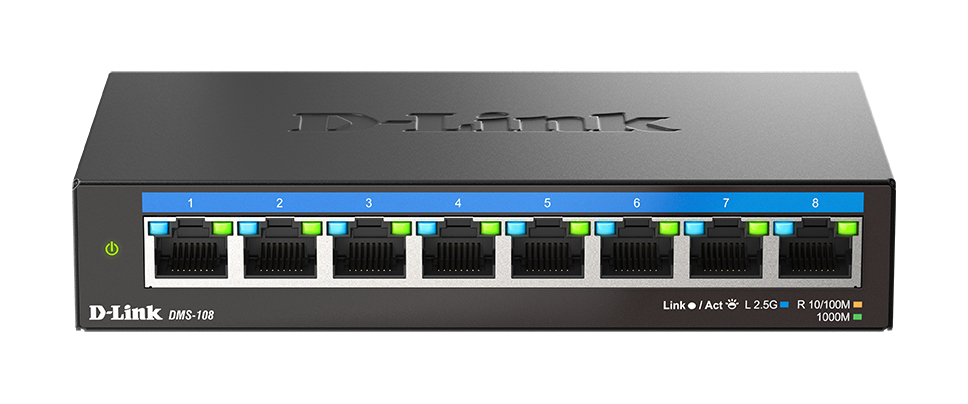 D-Link DMS-108/B Unmanaged 8-Port 2.5G Ethernet Switch, 8x RJ-45 (100/1000/2500), 40 Gbit/s Switching, MAC 4000, AC-Netzteil
