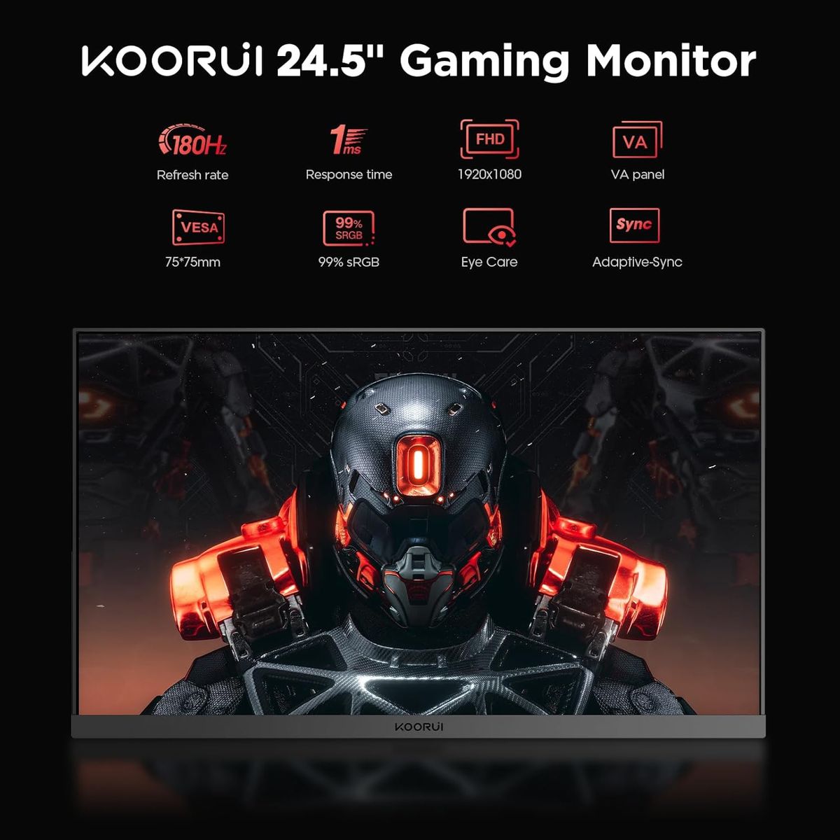 KOORUI Gaming Monitor 24.5 Zoll, 180Hz, Full HD Rahmenlos Bildschirm Adpitive Sync (1ms, VA-Panel, Eye-Care, 1920 x 1080, HDMI 2.0 & DisplayPort 1.4, VESA 75x75)