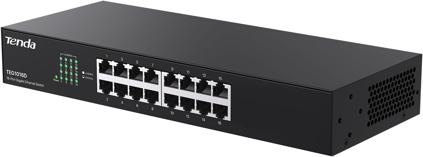 Tenda TEG1016D 16-Port Gigabit Switch, 16x RJ45, Unmanaged Plug-and-Play, Lüfterlos, Metallgehäuse, 19 Zoll Rackmontage, 6 kV Blitzschutz, 1U, Schwarz