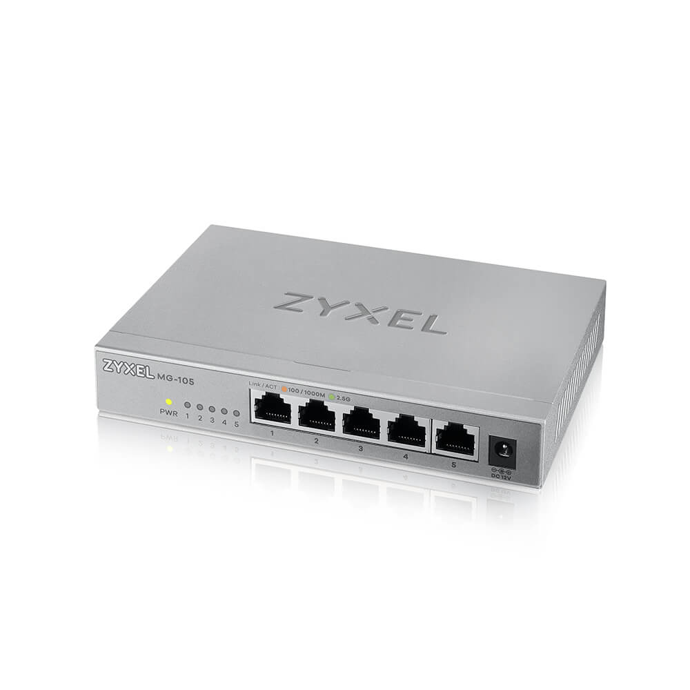 Zyxel XMG-105 Unmanaged 5-Port 2.5G Ethernet Switch, 25 Gbit/s Switching-Kapazität, AC-Netzteil, Grau
