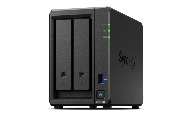 Synology DS723+ 2-Bay NAS Tower, Ryzen R1600, 2 GB DDR4, DiskStation Manager DSM 7.1.1, 10GbE-ready, 2x NVMe, Schwarz