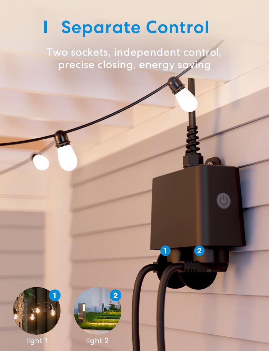 Meross WLAN Outdoor Steckdose funktioniert mit Apple HomeKit, Smart Außensteckdose Wasserdicht IP44, WiFi Garten Doppelsteckdose, kompatibel mit Siri, Alexa, Google Assistant, nur 2,4 GHz 10 A Outdoor Steckdose