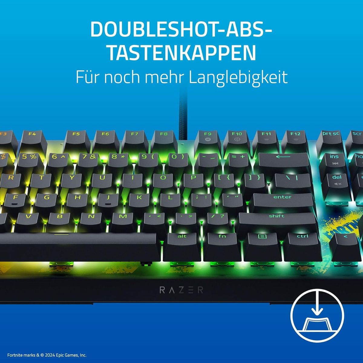Razer BlackWidow V4 X Fortnite Edition - Mechanische Gaming-Tastatur - Razer Snap Tap (Yellow Switches, 6 eigene Makro-Tasten, Doubleshot-ABS-Tastenkappen, Chroma RGB) - (DEU Layout - QWERTZ)