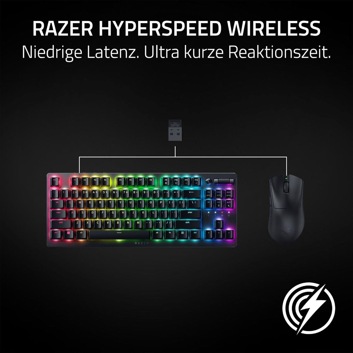 Razer DeathAdder V3 HyperSpeed - Ultra leichte kabellose ergonomische E-Sport Gaming-Maus mit 26K DPI (55g leicht, Soft-Touch-Beschichtung, 100 Stunden Laufzeit, HyperSpeed mit 8K Hz) Schwarz