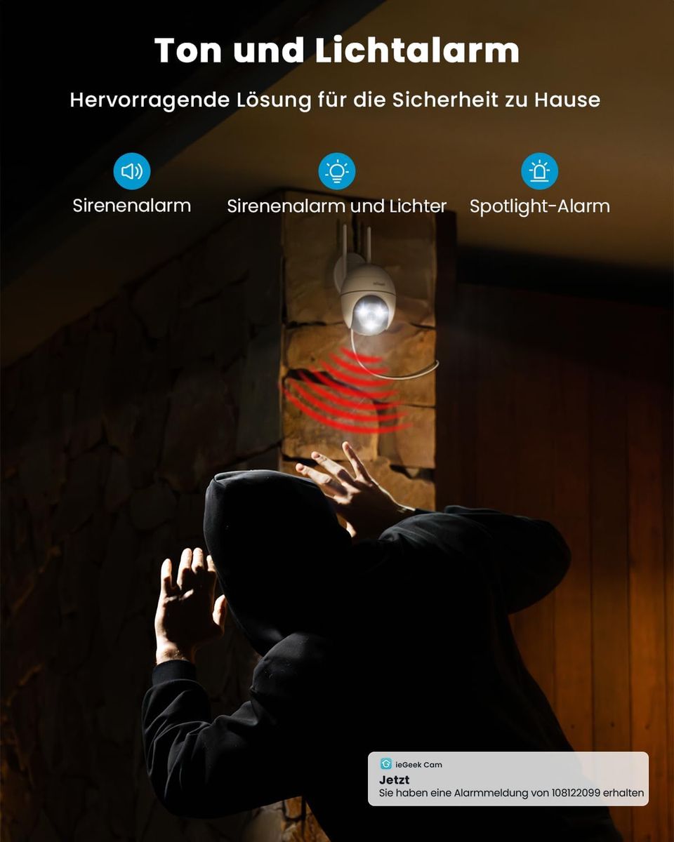 ieGeek 2K Überwachungskamera Aussen WLAN, 355°/120° PTZ Kamera überwachung außen mit Bewegungserkennung, Automatischer Verfolgung, Farbige Nachtsicht, 2-Wege-Audio