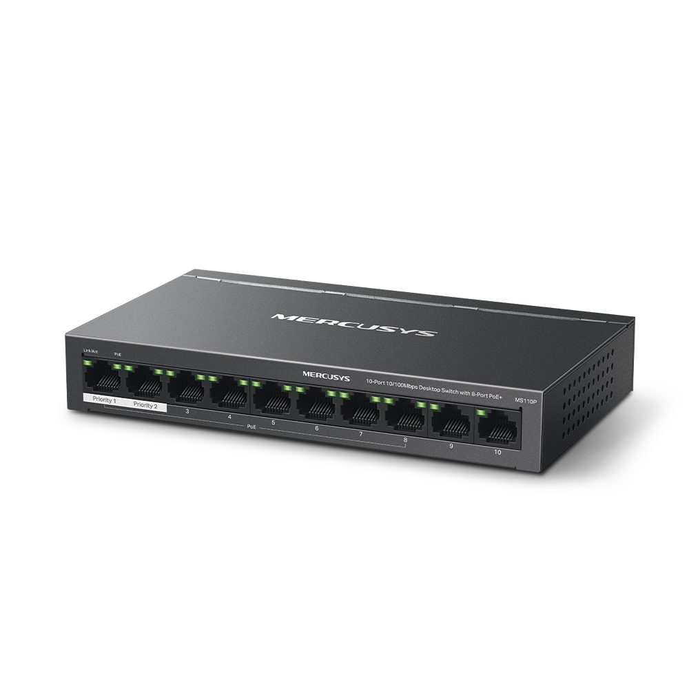 Mercusys MS110P Managed Netzwerk-Switch, 10x 10/100 Mbit/s, 8x PoE, 2x PoE+, 65W pro Port, Web-Management, Wandmontage, Schwarz MS110P(UN) V1.0
