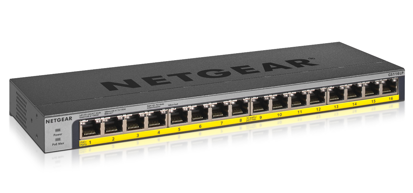 NETGEAR GS116LP Unmanaged 16-Port Gigabit Switch Power over Ethernet (PoE) 76W, 54 V DC, Rackmontage, Schwarz