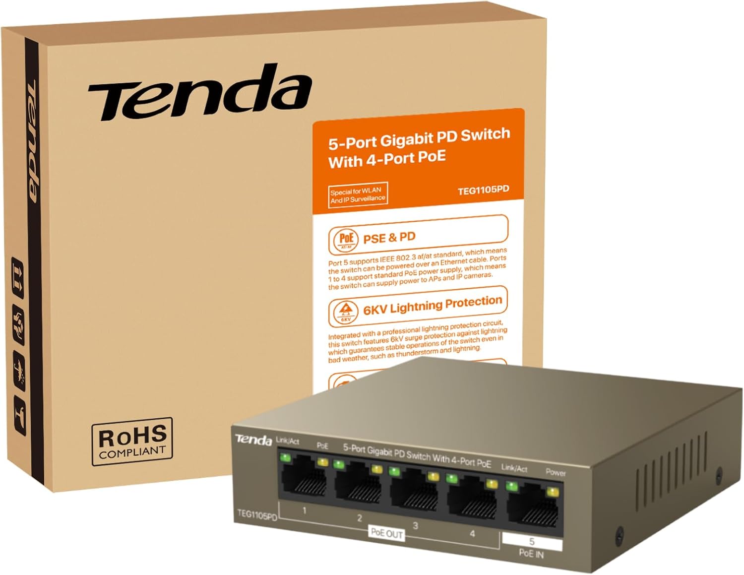 Tenda 5 Port PoE Switch ohne Netzteil, Gigabit PoE Powered Switch (1 PoE In & 4 PoE Out, Plug-and-Play PoE PD Switch, Lüfterlos, Metallgehäuse)(TEG1105PD) PoE Powered Switch ohne Netzteil