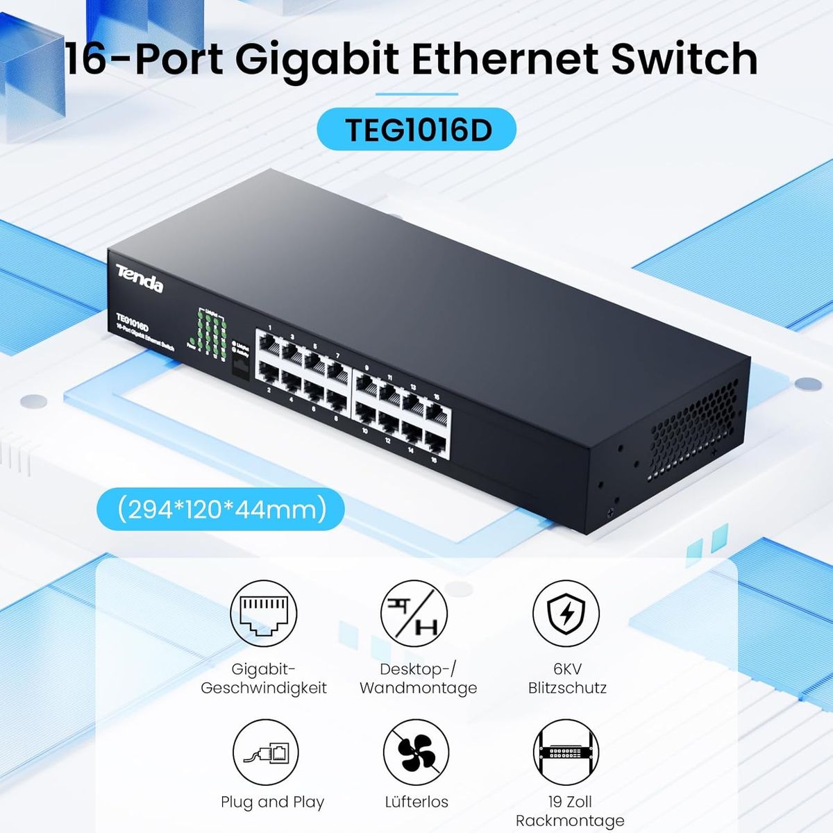 Tenda TEG1016D 16-Port Gigabit Switch, 16x RJ45, Unmanaged Plug-and-Play, Lüfterlos, Metallgehäuse, 19 Zoll Rackmontage, 6 kV Blitzschutz, 1U, Schwarz