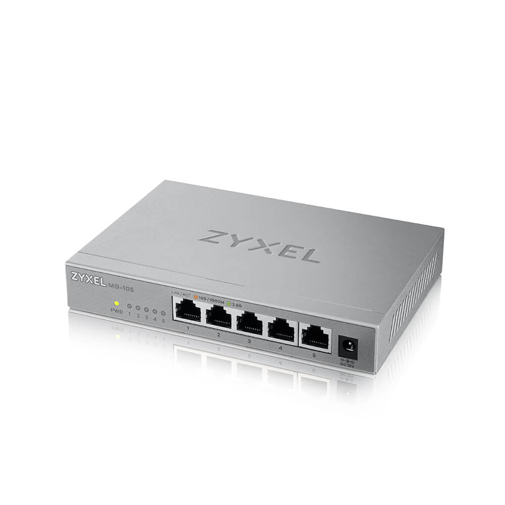 Zyxel XMG-105 Unmanaged 5-Port 2.5G Ethernet Switch, 25 Gbit/s Switching-Kapazität, AC-Netzteil, Grau
