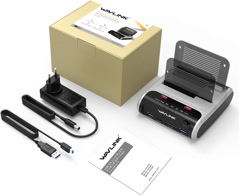 WAVLINK USB 3.0 zu SATA mit Offline Klonfunktion,Dual-Bay externe Festplatten Dockingstation für 2,5" und 3,5" SATA I/II/III HDD/SSD, Unterstützt UASP und 2 x 10 TB Laufwerke, USB 3.0 SD & TF-Leseschlitz