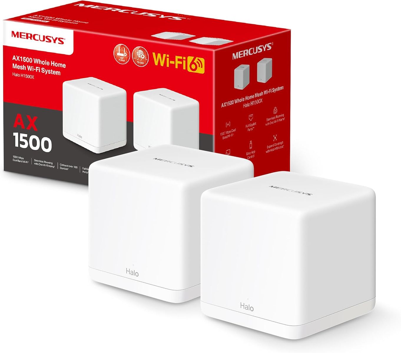 Mercusys Halo H1500X Wi-Fi 6 Mesh WLAN Set (2er Pack), AX1500 Dual Band Router & Repeater, Gigabit-Port, empfohlen für Häuser mit 2-3 Schlafzimmern, nahtloses Roaming, MERCUSYS App WiFi 6 AX1500