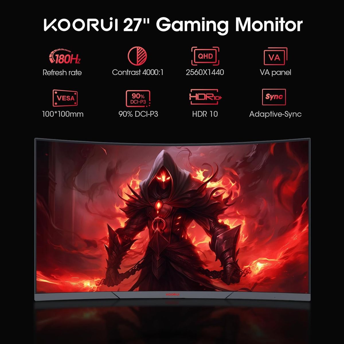 KOORUI Gaming Monitor 27 Zoll, 1500R Fläche Bildschirm 2560X1440 (QHD), 180HZ 1ms Mornitor, DCI-P3 85%, Ultradünne Blende, Einstellbare Neigung, Unterstützt HDMI/DP
