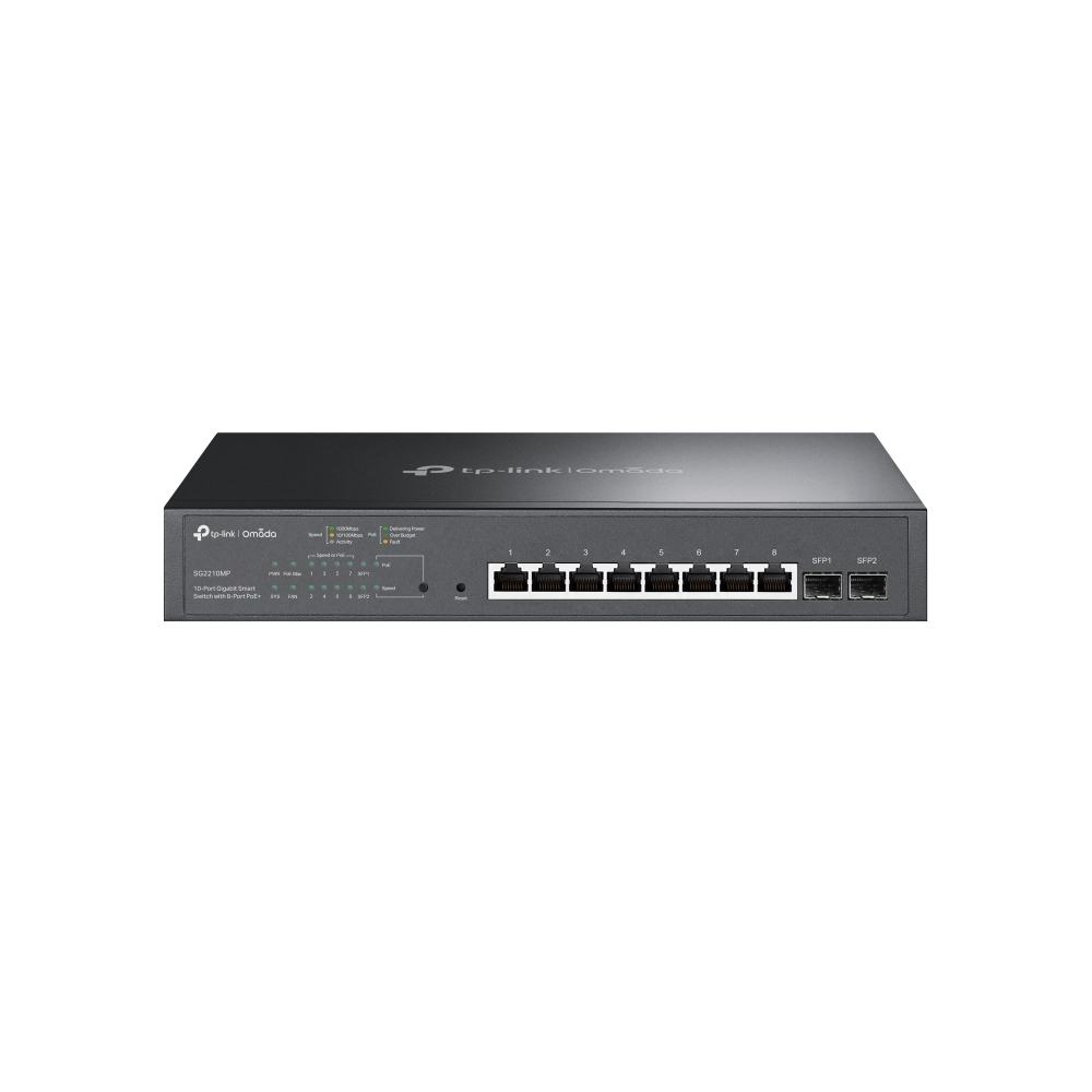 TP-Link TL-SG2210MP 8 Port Gigabit Smart PoE Switch mit 2 SFP-Slots OC200 Omada Hybrid PoE Hardware Controller fr EAP Serie USB Port fr automatisches Backup