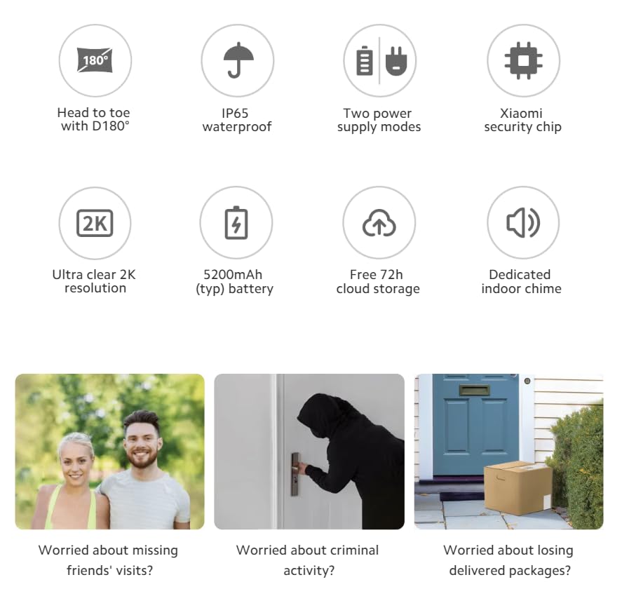 Xiaomi Smart Doorbell 3S Video-Türklingel, Akku 5200 mAh, IP65, 2‑Wege-Audio, WLAN 2,4 GHz, Nachtsicht, Verkabelt & Kabellos, Schwarz