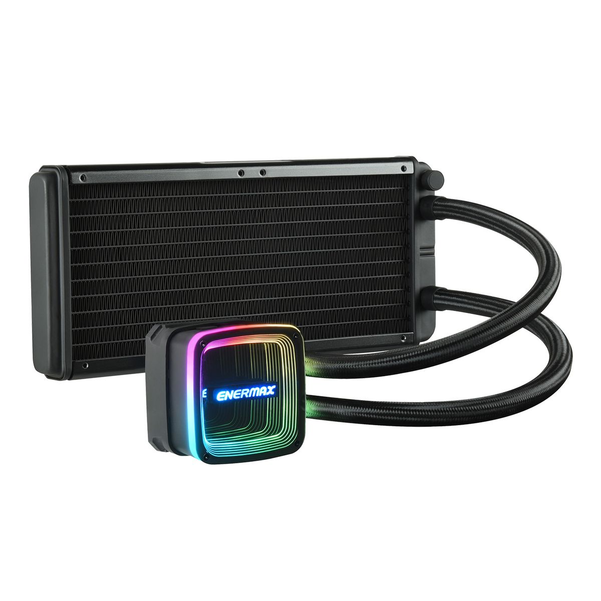 Enermax ELC-AQFA240-SQA AIO Flüssigkeitskühlung 240 mm, 2x 120 mm Lüfter, RGB, PWM, 360 W TDP, Schwarz, kompatibel mit LGA1700/AM5
