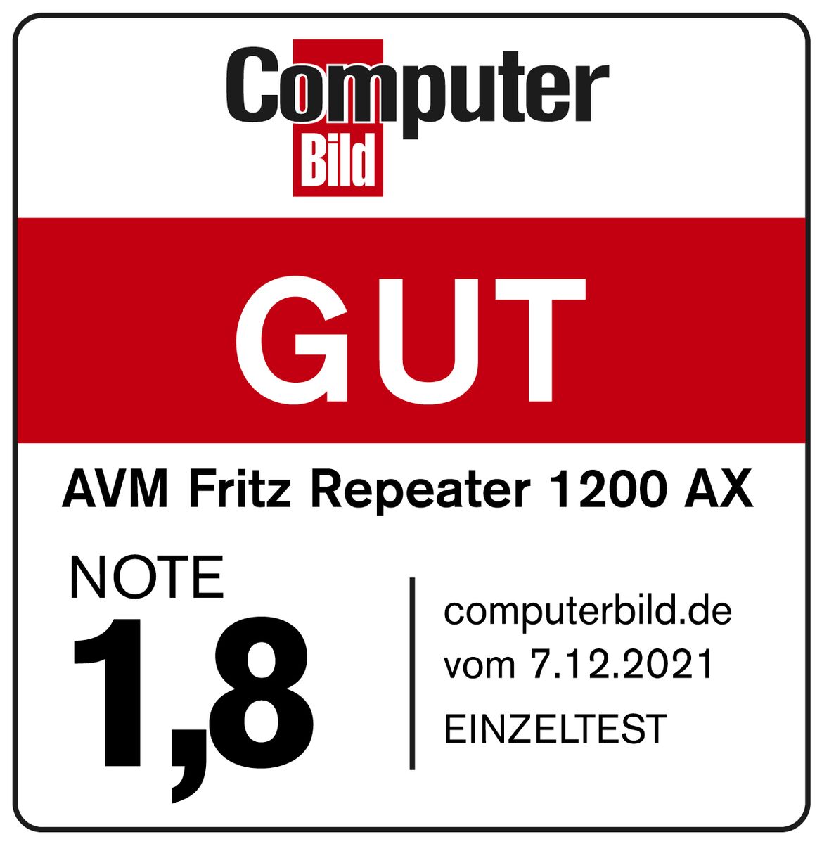 AVM FRITZ!Repeater 1200 AX (Wi-Fi 6 Repeater) ausgestattet mit zwei Funkeinheiten: 5-GHz-Band (bis 2.400 Mbit/s), 2,4-GHz-Band (bis 600 Mbit/s), deutschsprachige Version), Weiss Wi-Fi Repeater