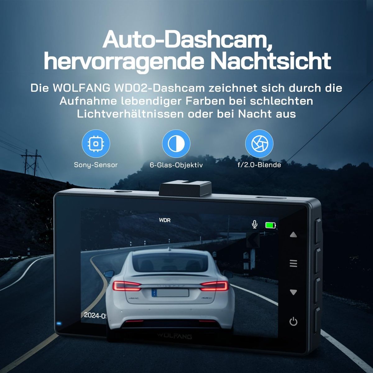 WOLFANG WD02 Dashcam für Auto Front+Rear 2,5K vorne, 1080P hinten, Ultra-Nachtsicht, 170° Weitwinkel, WDR, Parkmodus, G-Sensor, Loop-Aufnahme, 32GB SD-Karte