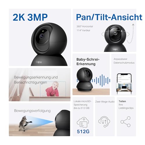 TP-Link Tapo C211 Indoor IP-Sicherheitskamera, WLAN, 3 MP (2304 x 1296), 360° schwenkbar, Nachtsicht 9 m, Tisch-/Regalmontage, Schwarz, V3.0, EU