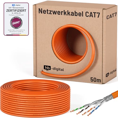 HB-DIGITAL CAT7-S/FTP-AWG23 50m Netzwerkkabel Verlegekabel Ethernet 10 Gbit/s AWG23 S/FTP GHMT-zertifiziert Reines Kupfer LSZH Cca Orange