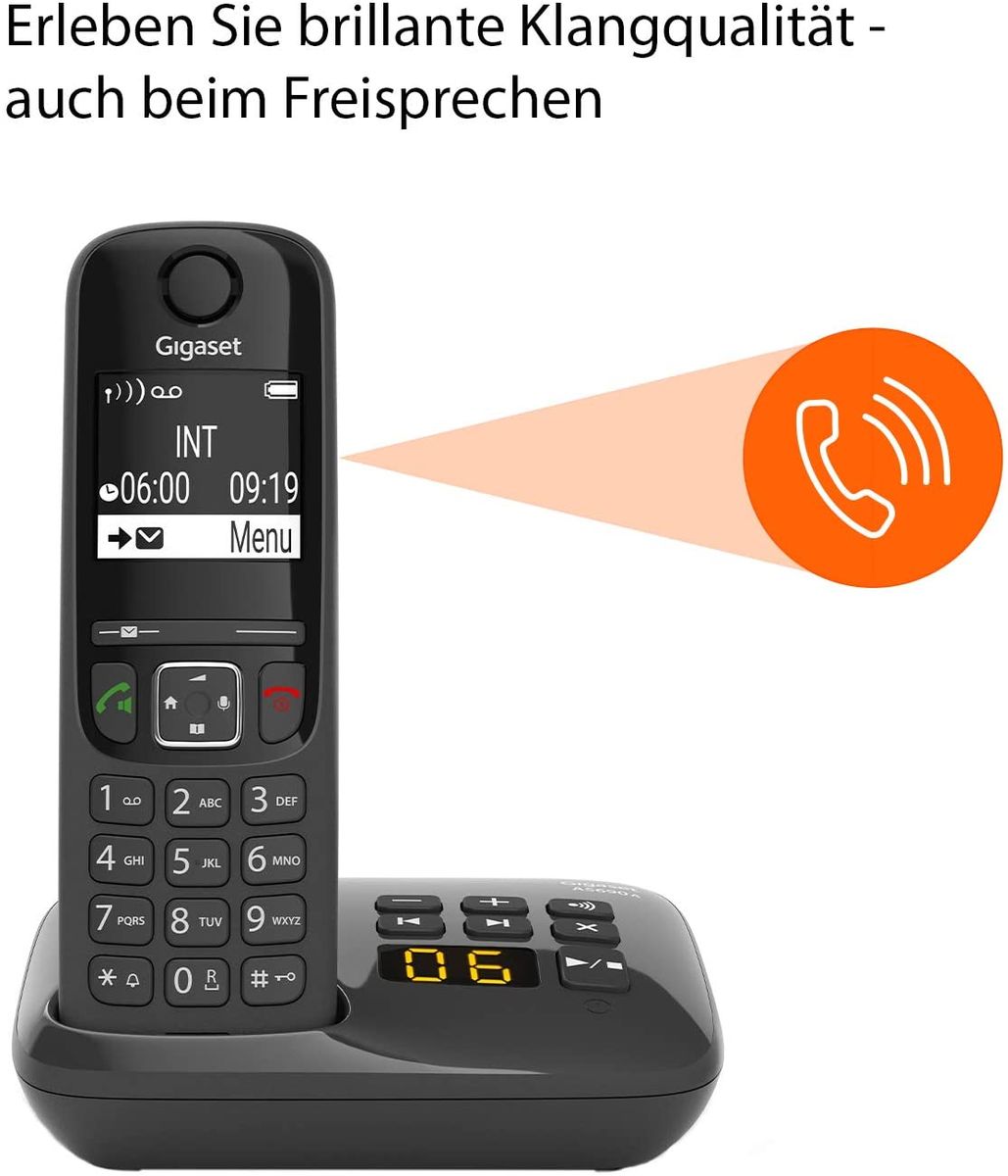 Gigaset 83167 AS690A Quattro 4 Schnurlose Telefone Anrufbeantworter -großes kontrastreiches Display -brillante Audioqualität -einstellbare Klangprofile -Freisprechfunktion -Anrufschutz,schwarz AS690A 4 Telefone AB