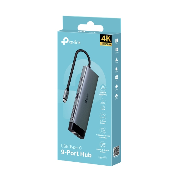 TP-Link UH9120C(UN) V1.0 USB-C 9-in-1 Hub, HDMI 4K, LAN 1000 Mbit/s, USB 3.2 Gen 1 5 Gbps, 100W Power Delivery, SD & microSD Cardreader