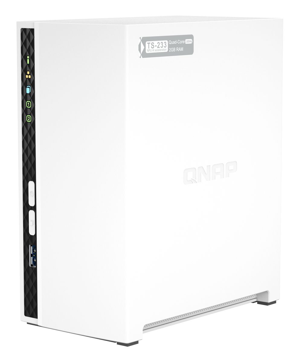 QNAP TS-233 2-Bay NAS Tower, ARM Cortex-A55 2 GHz, 2 GB RAM, QTS 5.0, 65 W, 1x Gigabit LAN, Weiß