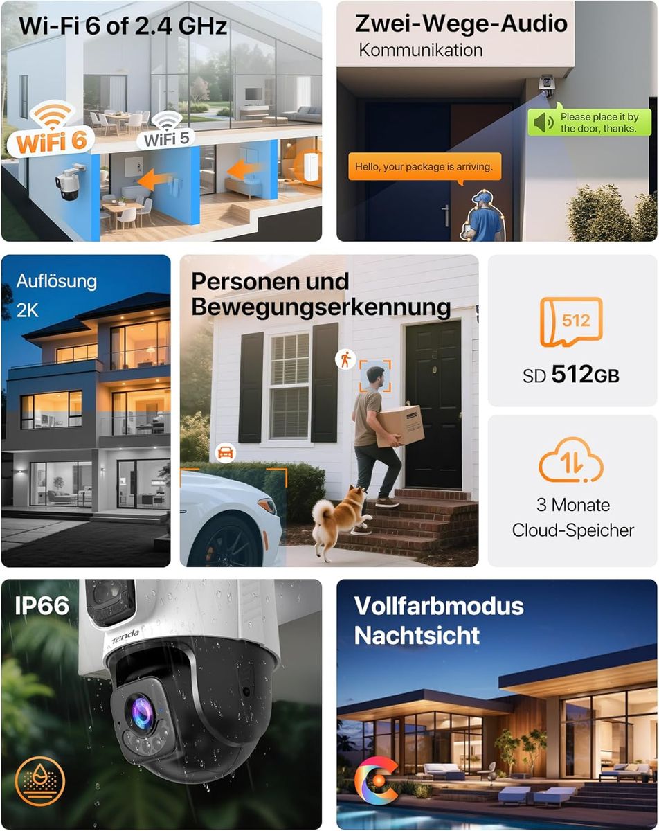 Tenda DE-CH9 Außenkamera Dual-Objektiv 3MP+3MP (6MP) KI-Fahrzeugerkennung Farb-Nachtsicht 2K 30m Zwei-Wege-Audio IP65 Wi‑Fi 6 MicroSD bis 512GB