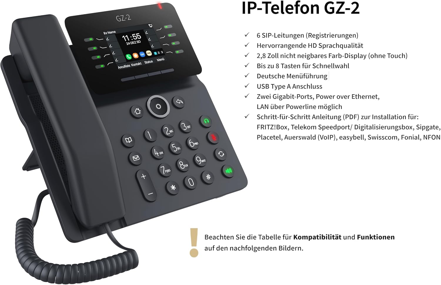 GEQUDIO IP Telefon GZ-2 mit Netzteil - Fritzbox, Telekom kompatibel - Freisprechen & Farbdisplay - Anleitung für FritzBox, Sipgate, Telekom Digitalisierungsbox, easybell (ohne WLAN) GZ-2: ohne WLAN/Bluetooth
