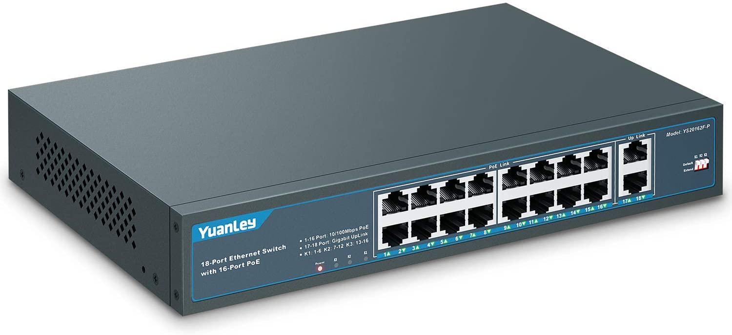 YuanLey 18 Port PoE Switch, 16 PoE+ Port 100Mbps, 2 Uplink Gigabit, 250W Integrated Power Supply, 802.3af/at, Unmanaged Rack Mount Plug and Play