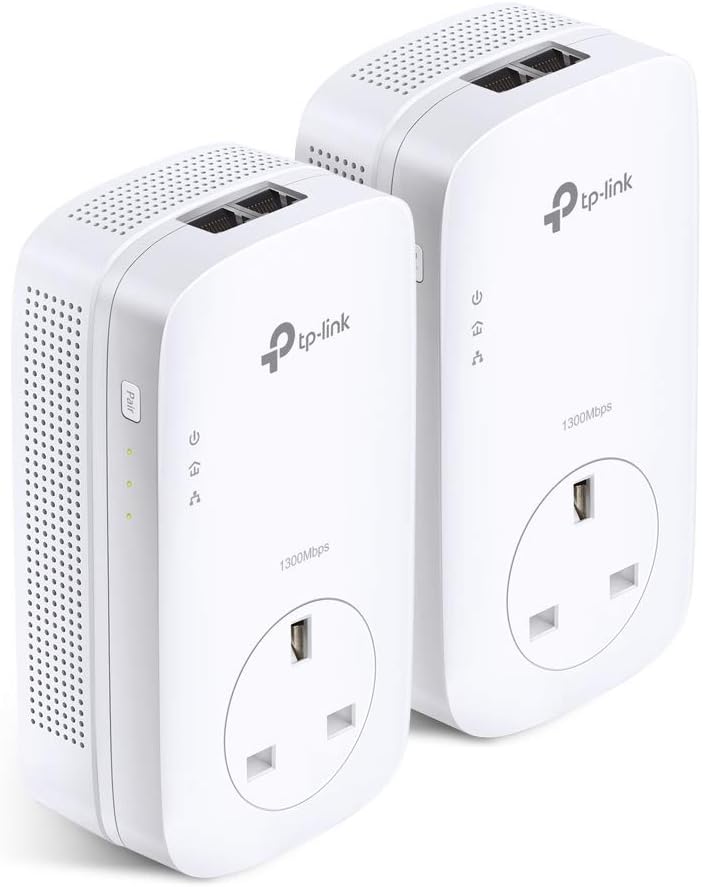 TP-Link TL-PA9020P KIT Powerline Adapter 2000 Mbit/s HomePlug AV2, 2x Gigabit Ethernet, Integrierte Steckdose, Weiß, 2er-Set V1.0 UK