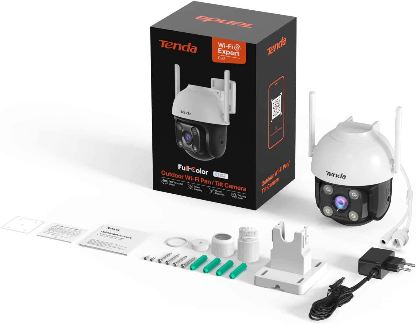 Tenda 360° Security Camera Outdoor with 30m Color Night Vision, PTZ CCTV WiFi Camera with 2-way Audio, AI Human Detection& Alarm, APP Control, IP66 Weatherproof, Works with Alexa (CH3 1080P)