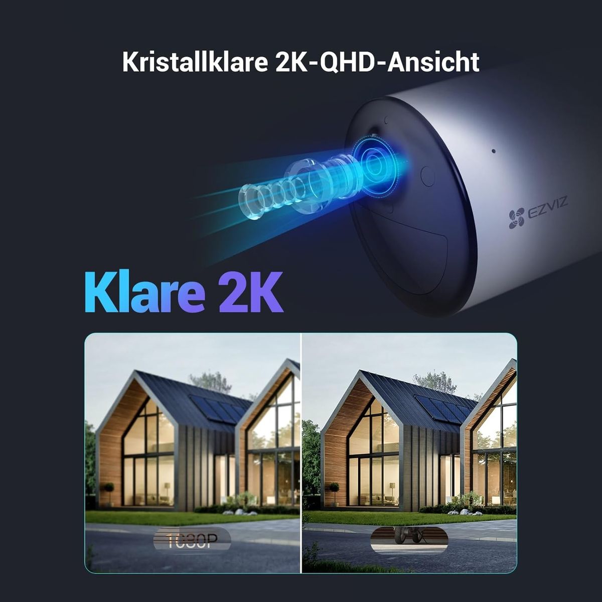 EZVIZ CB3FHDSolarPanel 2K Akku-Außenkamera mit Solarpanel, WLAN 6, 5200 mAh, KI Personen-/Fahrzeugerkennung, Farbnachtsicht, 2-Wege-Audio, Weiß