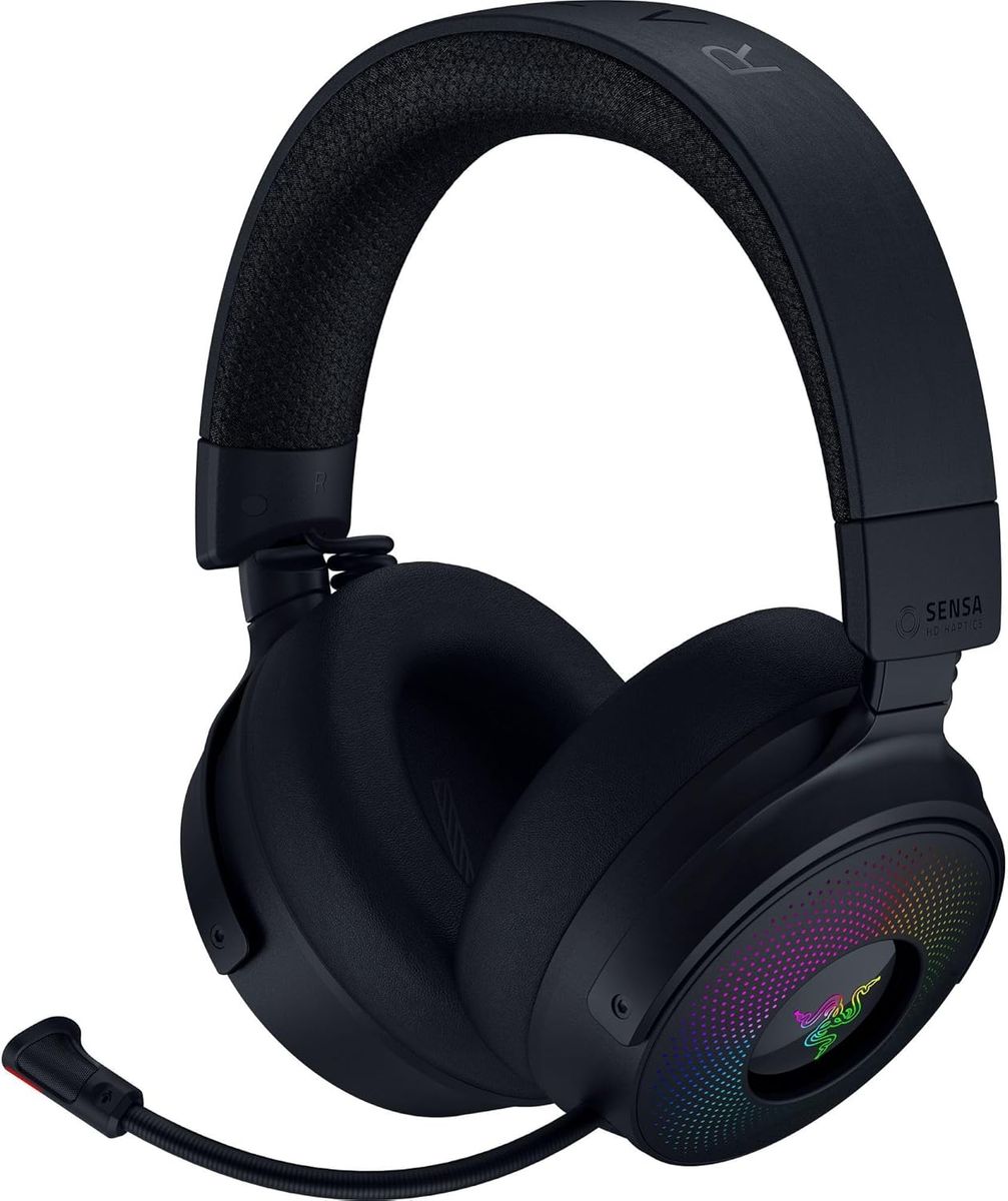 Razer Kraken V4 Pro - Kabelloses Gaming-Headset mit Control Hub Sensa HD-Haptik (OLED-Control-Hub, Triforce 40mm Treiber, HyperSpeed & Bluetooth, THX Spatial Audio, RGB) Schwarz