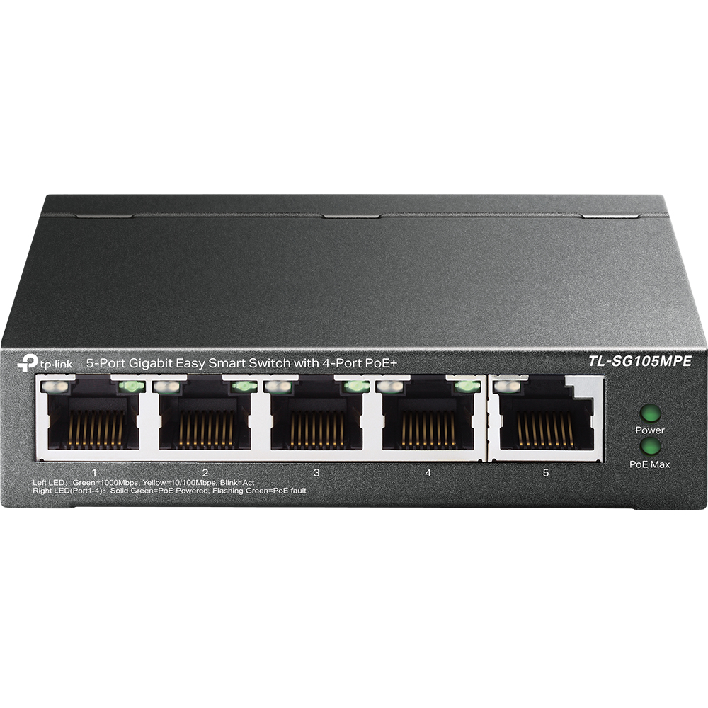 TP-Link TL-SG105MPE(UN) V1.0 L2 Web-Managed 5x Gigabit RJ45 PoE Switch, 120 W PoE, DC/PoE Netzteil, Schwarz