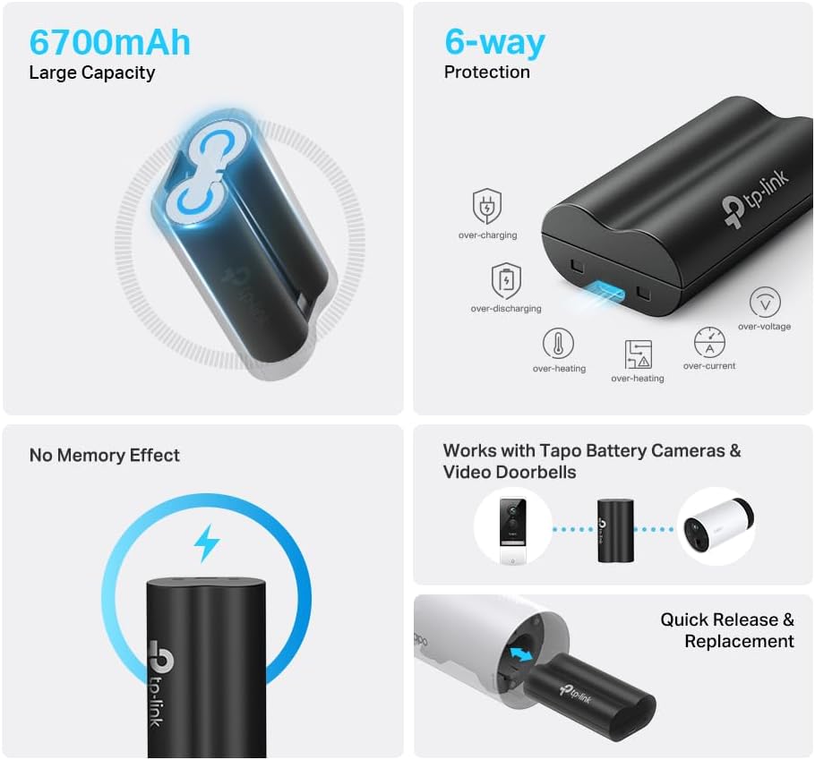 TP-Link Ersatzakku A100, Funktioniert Akku-Kameras & Video-Türklingeln C420, C400, D230, 6700mAh, 6-facher Schutz